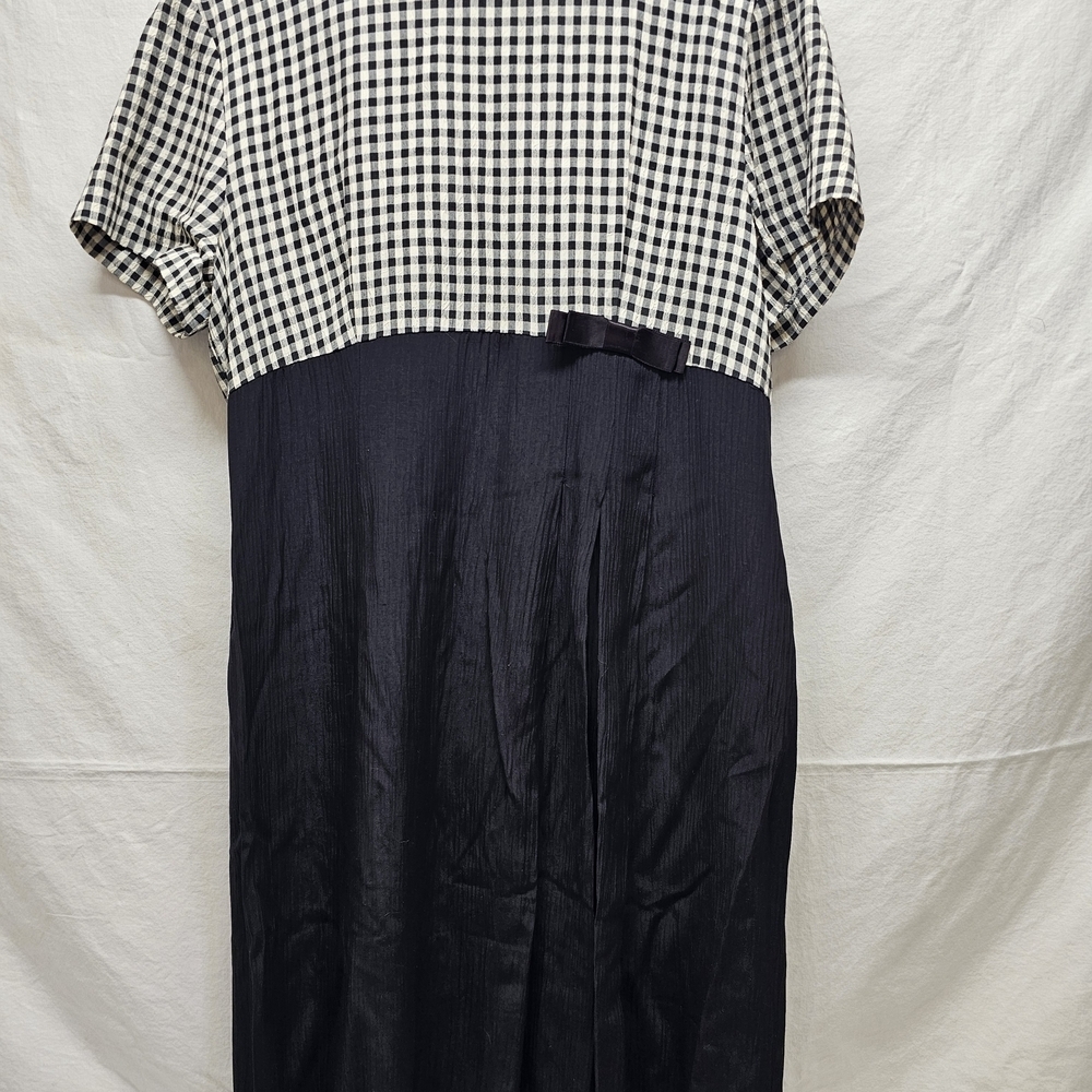 Vintage 80s J.S.J. PETITES Black Dress‎ Pleated Bow Gigham Size 12P Cottagecore